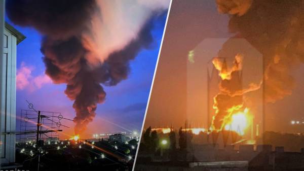 Світає, край неба палає: соковиті кадри пожежі після удару по нафтосховищу в Азові