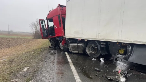 Вантажівка, яка потрапила в дорожньо-транспортну пригоду з мікроавтобусом, що перевозив грецьких футбольних фанатів ПАОК, залишається на дорозі на місці події поблизу Лугожа, Румунія, 27 січня 2026 року. Lugo Info/Handout через REUTERS. УВАГА РЕДАКТОРІВ - ЦЕ ФОТО НАДАНО ТРЕТІЄЮ СТОРОНОЮ. ПЕРЕПРОДАЖУ НЕ ДОПУСКАЄТЬСЯ. АРХІВ НЕ ДОПУСКАЄТЬСЯ.