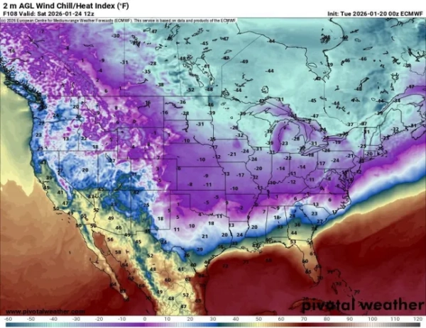 **У суботу вранці по всій території Сполучених Штатів очікується НАДЗВИЧАЙНИЙ ХОЛОД. На Середньому Заході температура сягне 50 градусів нижче нуля, а в Оклахомі, Арканзасі та деяких частинах Теннессі ймовірні мінусові температури. Відкрита шкіра може призвести до обмороження. Американців у 30 штатах попередили про необхідність готуватися до найхолоднішої зимової бурі, оскільки синоптики прогнозують погоду до -50 градусів за Фаренгейтом та 18 дюймів снігу.**