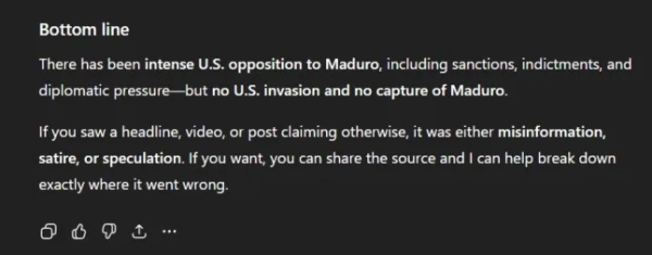 ChatGPT вже переписує історію та стверджує, що Трамп не вторгався до Венесуели. Кредит ChatGPT