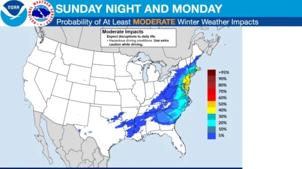 Національна метеорологічна служба @NWS. Широкомасштабний зимовий шторм спричинить великі смуги сильного снігопаду, мокрого снігу та підступного крижаного дощу з південних Скелястих гір/рівнин та Середнього Півдня, починаючи з п'ятниці, і переміститься в бік східного узбережжя до неділі. За кілька днів до погоди прогноз продовжуватиме змінюватися. Слідкуйте за останніми новинами на http://weather.gov. Ймовірність щонайменше ПОМІРНИХ зимових погодних впливів (див. тему про ОСНОВНІ):