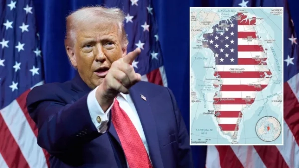 Фотографія Дональда Трампа та скріншот посту X, на якому зображена Гренландія в кольорах американського прапора.