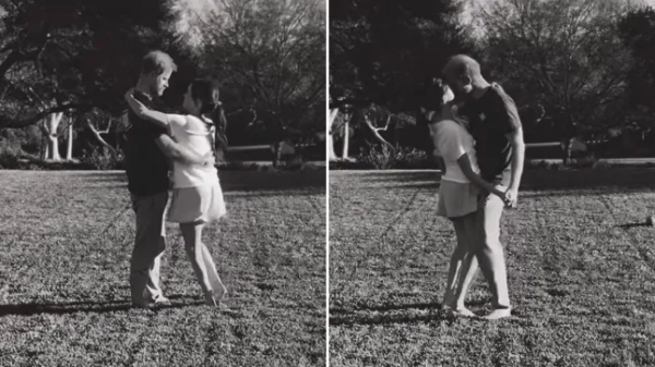 Комбіноване зображення, на якому Меган Маркл і принц Гаррі обіймаються та цілуються.