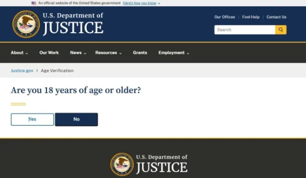 Перевірка віку веб-сайту (Зображення: Міністерство юстиції США)