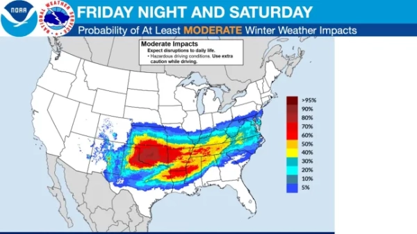 Національна метеорологічна служба @NWS. Широкомасштабний зимовий шторм спричинить великі смуги сильного снігопаду, мокрого снігу та підступного крижаного дощу з південних Скелястих гір/рівнин та Середнього Півдня, починаючи з п'ятниці, і переміститься в бік східного узбережжя до неділі. За кілька днів до погоди прогноз продовжуватиме змінюватися. Слідкуйте за останніми новинами на http://weather.gov. Ймовірність щонайменше ПОМІРНИХ зимових погодних впливів (див. тему про ОСНОВНІ):