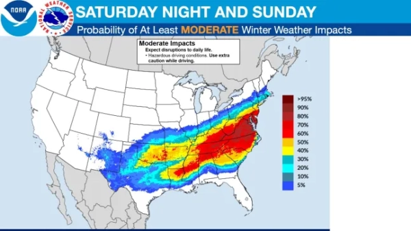 Національна метеорологічна служба @NWS. Широкомасштабний зимовий шторм спричинить великі смуги сильного снігопаду, мокрого снігу та підступного крижаного дощу з південних Скелястих гір/рівнин та Середнього Півдня, починаючи з п'ятниці, і переміститься в бік східного узбережжя до неділі. За кілька днів до погоди прогноз продовжуватиме змінюватися. Слідкуйте за останніми новинами на http://weather.gov. Ймовірність щонайменше ПОМІРНИХ зимових погодних впливів (див. тему про ОСНОВНІ):