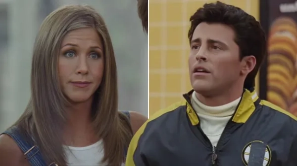 Роздільне фото Дженніфер Еністон та Метта Леблана в рекламі Dunkin Donuts для Супербоулу.