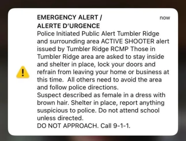 15548361 - Стрілянина у середній школі в Канаді забрала життя щонайменше 10 людей, десятки отримали поранення, за словами поліції, серед загиблих є підозрюваний (ФОТО: ПУБЛІКАЦІЯ У Facebook: Поліцейське сповіщення у середній школі Тамблер-Рідж)