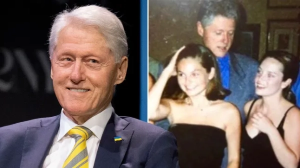 На складеному зображенні ліворуч зображено Білла Клінтона та фотографію 1999 року, на якій він зображений з двома жінками.