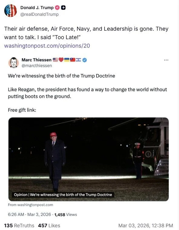 Трамп: «Я сказав Ірану, що вже занадто пізно для переговорів».