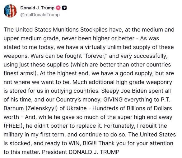 Допис Дональда Трампа у соцмережі Truth Social.