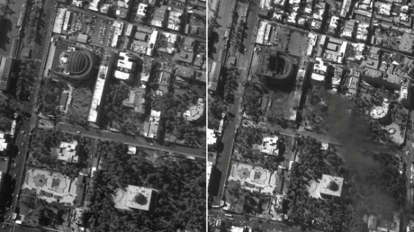 Супутниковий знімок комплексу Хаменеї до та після авіаударів.
