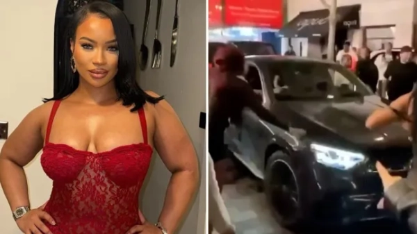 Ліворуч зображена Габріель Каррінгтон, а праворуч — автомобіль у Сохо під час інциденту минулих вихідних.