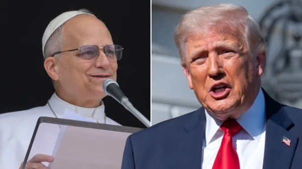 (Ліворуч) Папа Лев виступає та (праворуч) Дональд Трамп у костюмі.