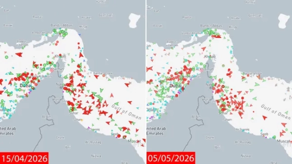 Карта, що показує морський транзит через Ормузьку протоку між Іраном та Оманом у квітні, а також сьогодні, 5 травня, після проекту Трампа «Свобода».