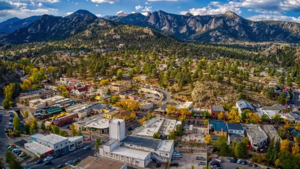Aerial View of the Colorado Tourist Mountain Town of Estes Park during Autumn; Shutterstock ID 2552209267; purchase_order: -; job: -; client: -; other: