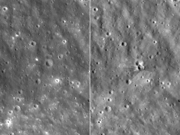 Комбінація зображень, створених за допомогою наданих NASA Goddard Space Flight Center та Intuitive Machines 18 серпня 2026 року, і знятих камерою Narrow-Angle Camera на Місячному розвідувальному орбітальному апараті NASA (LRO). Зображення зліва показує поверхню Місяця без зазначення дати, а зображення, зроблене між 11 та 12 серпня 2026 року, показує кратер, що утворився після удару верхнього ступеня ракети Falcon 9 по поверхні Місяця 5 серпня 2026 року.