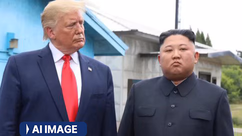 Трамп і Кім стоять пліч-о-пліч, виглядають суворо, на згенерованому ШІ портреті.