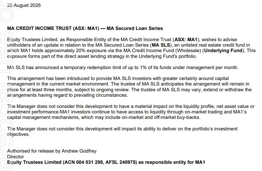 MA Financial limits redemptions