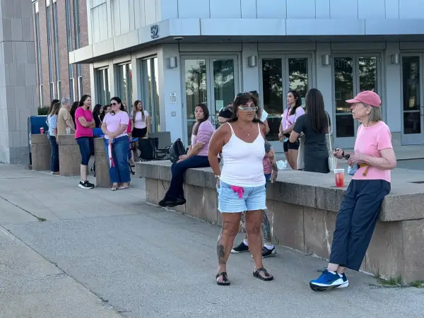 PLYMOUTH, MASS. - AUGUST 20: Supporters of Lindsay Clancy gather outside Plymouth Superior Court in Plymouth Mass., Thursday, August 20, 2026. Clancy, 36, is accused of murdering her three children in 2023. Her lawyer and supporters contend she was in the throes of postpartum psychosis at the time of the killings. (Dave Zajac/Connecticut Post via Getty Images)