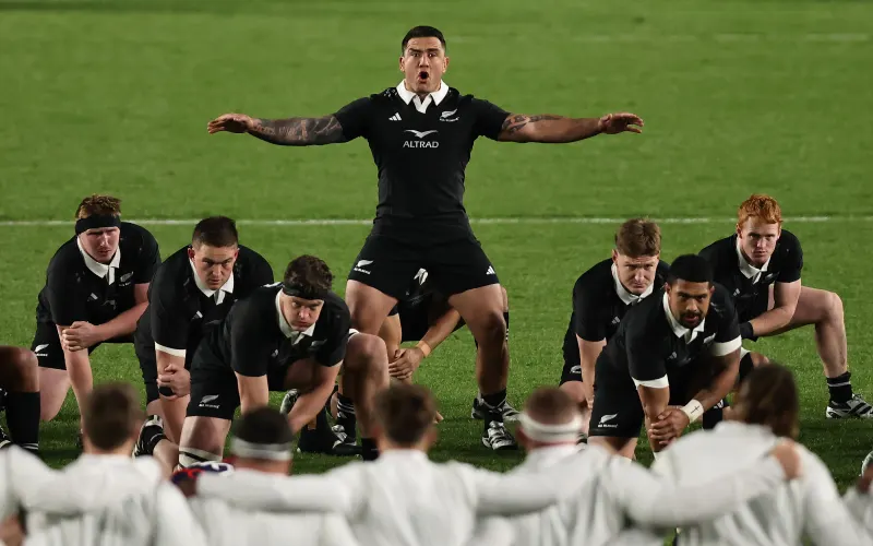 Codie Taylor leads an All Blacks haka against England.