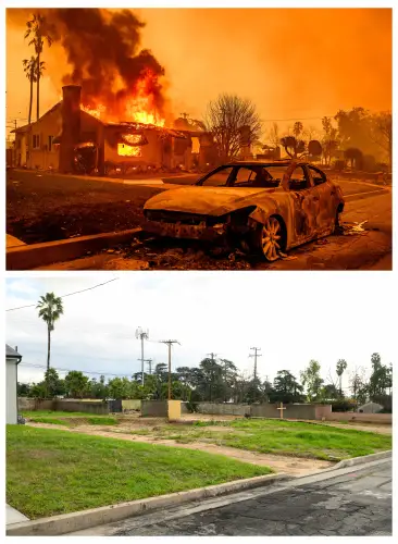 (COMBO) This combination of pictures created on January 5, 2026, (top) shows a home is completely engulfed in flames during the Eaton fire in the Altadena area of Los Angeles County, California on January 8, 2025 and (bottom) shows the vacant property where a home burned during the Eaton fire nearly one year ago in Altadena, California on January 5, 2026. (Photo by JOSH EDELSON / AFP)