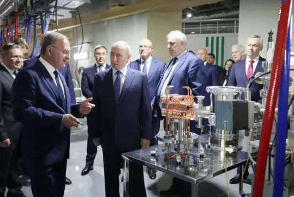 In this pool photograph distributed by the Russian state agency Sputnik, Russia's President Vladimir Putin visits the Siberian Circular Photon Source synchrotron radiation facility outside Novosibirsk on August 11, 2026. (Photo by Gavriil Grigorov / POOL / AFP via Getty Images)