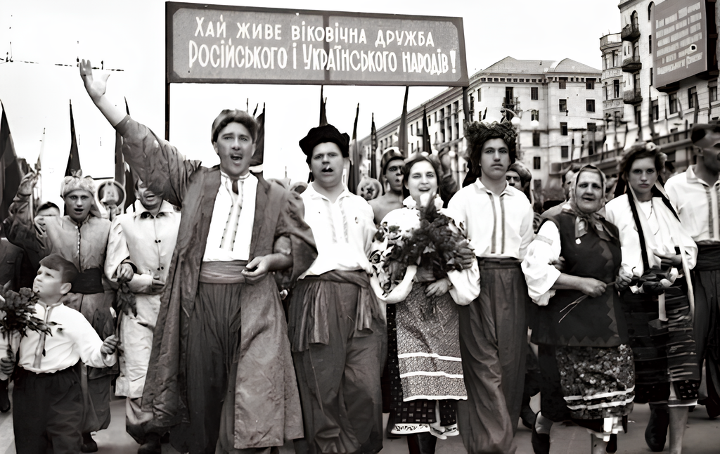 Святкування 300-ліття «воз’єднання» України з Росією у травні 1954 року. Київ, Хрещатик. Фото: nv.ua