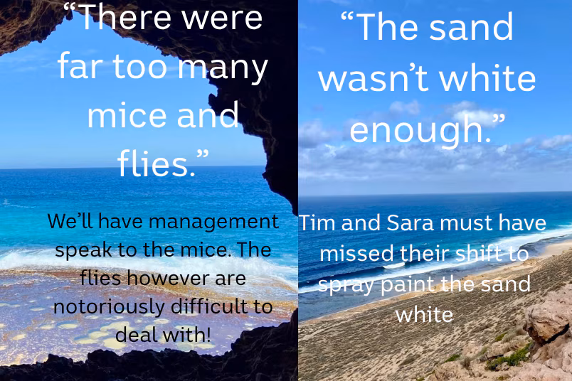 Two images of scenery with funny quotes.