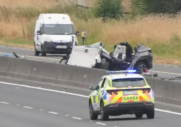 The scene on the M9 northbound at Junction 3 in Co Kildare where a number of people have died and others have been seriously injured after a head-on collision between two cars. A Gardai spokesperson said the incident on Sunday morning at 3am occurred when one of the cars was travelling in the wrong direction. Picture date: Sunday August 16, 2026. PA Photo. Photo credit should read: Niall Carson/PA Wire