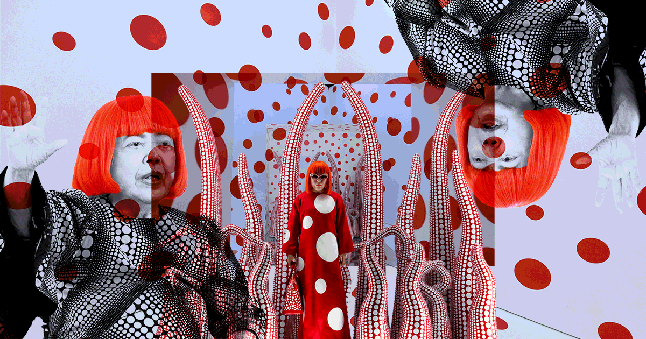 A GIF of Yayoi Kusama, with pulsating polka dots.
