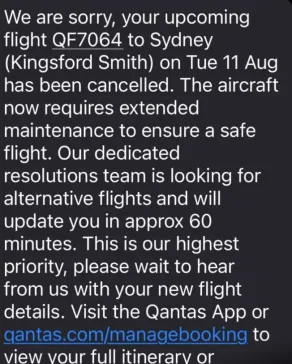 A message from Qantas saying the flight has been cancelled. (Supplied)