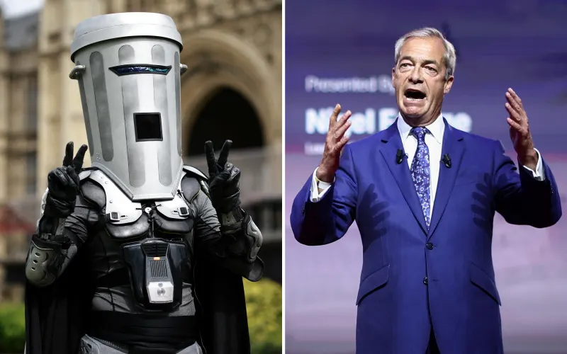 (COMBO) This combination of file photos created on August 10, 2026 shows then-London mayoral candidate Count Binface (L) posing for a photo on College Green beside the Palace of Westminster in London on April 25, 2024; and Reform UK leader Nigel Farage (R) speaking during the inaugural Conservative Political Action Conference Great Britain in south-east London on July 17, 2026. Hard-right UK politician Nigel Farage will be fighting for his parliamentary seat in snap polls on August 13, 2026, going head-to-head with parody candidate Count Binface in a snap election. The by-election was called after Farage, leader of the anti-immigration Reform UK party, resigned last month as MP for Clacton-on-Sea. (Photo by Henry Nicholls / AFP) / TO GO WITH Britain-politics-vote,ADVANCER by Jo Biddle and Theodore Griffin