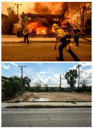 (COMBO) This combination of pictures created on January 5, 2026, (top) shows firefighters working the scene as an apartment building burns during the Eaton fire in the Altadena area of Los Angeles County, California on January 8, 2025 and (bottom) shows a vacant property where firefighters attempted to save a building, after it burned down during the Eaton fire nearly one year ago in Altadena, California on January 5, 2026. (Photo by JOSH EDELSON / AFP)