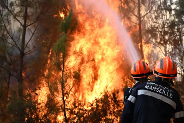 FILE - Firefighters battle a forest fire near Blagon during wildfires in southwestern France, July 29, 2026. (AP Photo/Emma Da Silva, File)