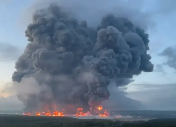 Burning Wildberries warehouses following a Ukrainian drone attack, according to the regional governor, in the course of the Russia-Ukraine conflict, in Koledino, Podolsk, Moscow region, Russia August 16, 2026, in this still image obtained from social media video. SOCIAL MEDIA/via REUTERS THIS IMAGE HAS BEEN SUPPLIED BY A THIRD PARTY. NO RESALES. NO ARCHIVES. VERIFICATION: Reuters confirmed the location from road layout, buildings and utility poles which matched archive and satellite images. Date of the footage was confirmed by statements from authorities and Wildberries. Wildberries confirmed in a statement that fire broke out at its logistic facility in Koledino after air strikes on Sunday. NASA???s FIRMS detected thermal activity in the area on Sunday morning. No older version found posted online before August 16.