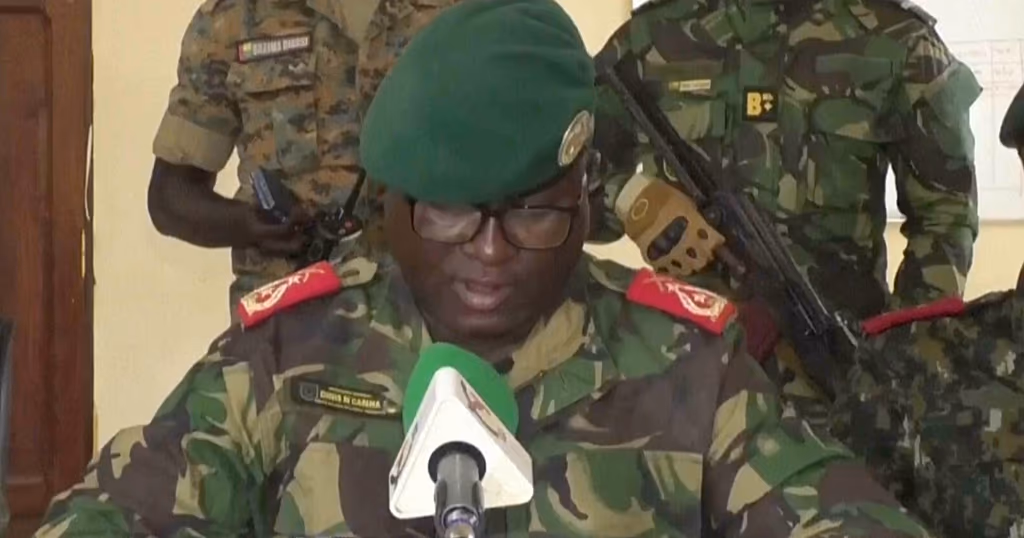 Dinis N’Tchama, military spokesperson, speaks on Wednesday, Nov. 26, 2025 in Bissau, Guinea-Bissau.