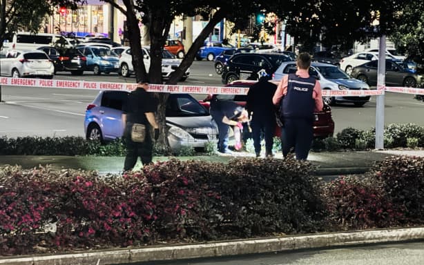 Поліція проводить пошук біля ТЦ Sylvia Park під світлом ліхтаря після того, як чоловіка було застрелено поліцією 13 серпня 2026 року.