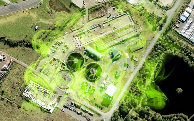 Composite image shows Te Maunga Wastewater Treatment Plant in Tauranga.
