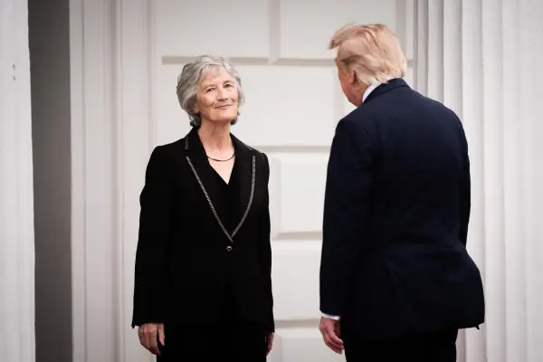President Catherine Connolly welcomes US President Donald Trump as he arrives for a meeting at Aras an Uachtarain, her official residence in Phoenix Park, Dublin, during his trip to the Republic of Ireland. Picture date: Saturday September 12, 2026. PA Photo. Photo credit should read: James Manning/PA Wire