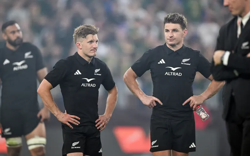 Damian McKenzie (L) and Beauden Barrett stand dejected after the All Blacks lost to the Springboks in the fourth test of the Rugby’s Greatest Rivalry Tour at M&amp;T Stadium, Baltimore, Maryland, 12 September 2026. Photo: Dylan Davies / Photosport Ltd