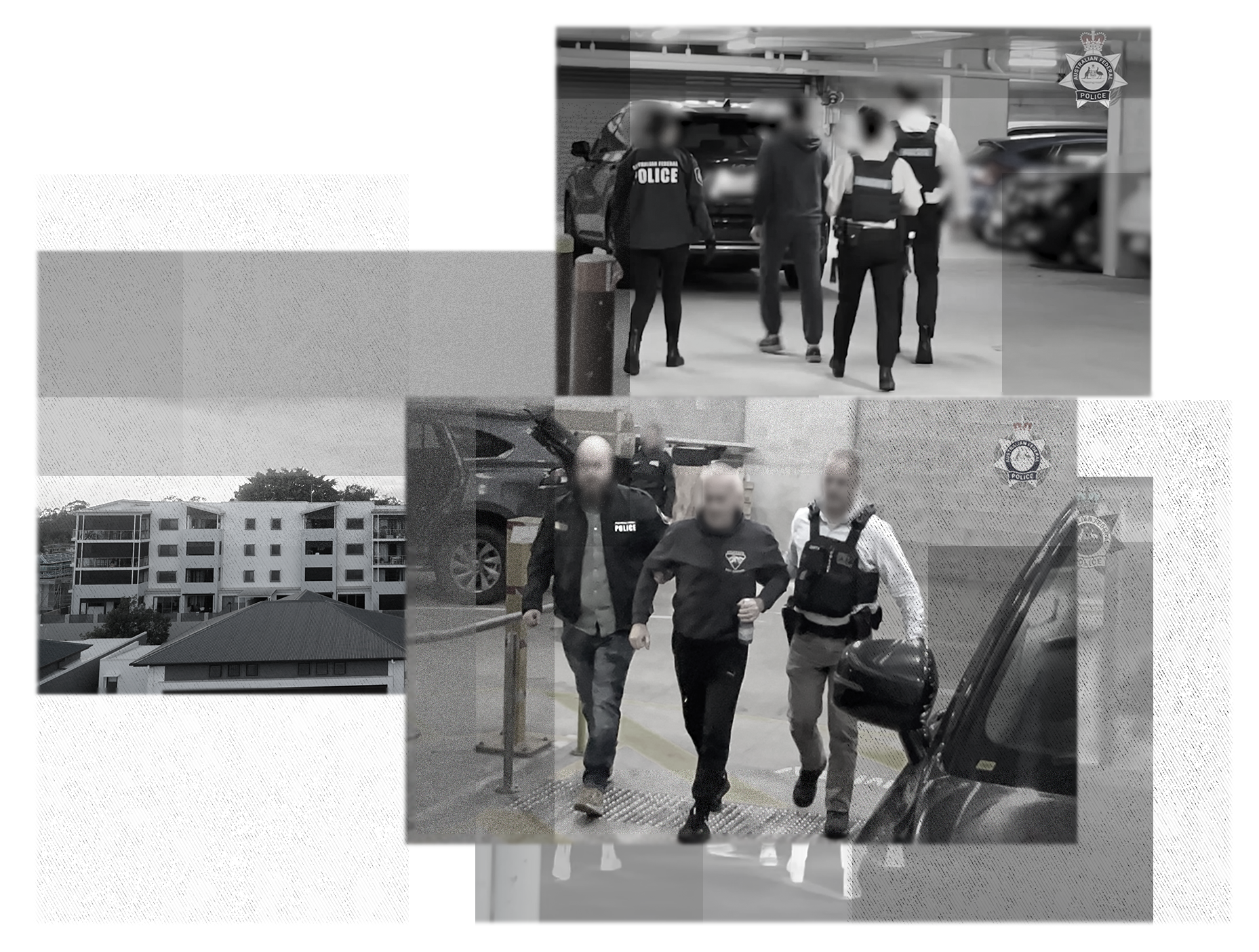 Колаж із фотографій Кіри та Ігоря Корольових, яких поліція веде, та зображення житлового комплексу.