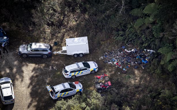 WAITOMO, NEW ZEALAND - SEPTEMBER 11: Police at the location of one of the campsites just off the Te Anga Road near Waitomo where Tom Phillips and his children had been hiding for the last four years. Tom Phillips was killed after getting into an armed shootout with Police. 11 September 2025. (Photo by Dean Purcell/New Zealand Herald via Getty Images)