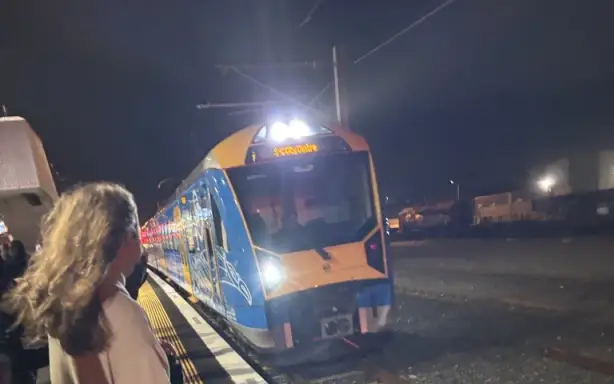 Перший потяг прибуває на станцію Ōtāhuhu під час відкриття міської залізничної лінії Окленда для публіки в неділю.