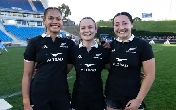 Новачки команди Black Ferns Амара Сітіті, Елінор-Плам Кінг і Шайра Туліау-Туа’а — The O’Reilly Cup — New Zealand Black Ferns проти Australia Wallaroos на Go Media Stadium, Окленд, Нова Зеландія. Субота, 22 серпня 2026 року. Фото: Бретт Фіббс / www.photosport.nz