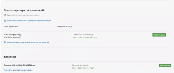 Переможцем тендеру на будівництво укриття в обласній дитячій лікарні стало ТОВ «Антарес-Буд». Скриншот з Prozorro